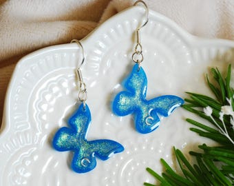 Iridescent Blue Butterfly Earrings, 925 Silver Dangle Resin Earrings, Fairy Jewelry, Enchanted Forest