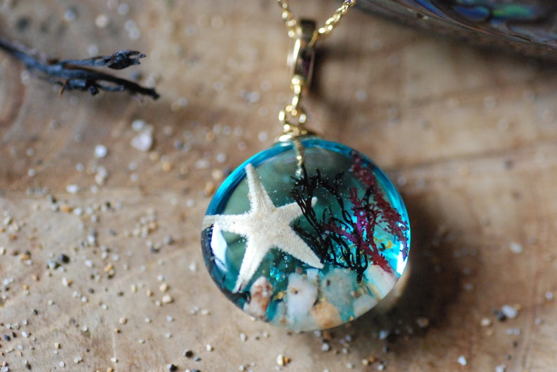 Ocean Starfish Necklace, Blue Sea Necklace, Mermaid Pendant, Resin Necklace, Underwater Necklace, Seaweed Nature Pendant image 8