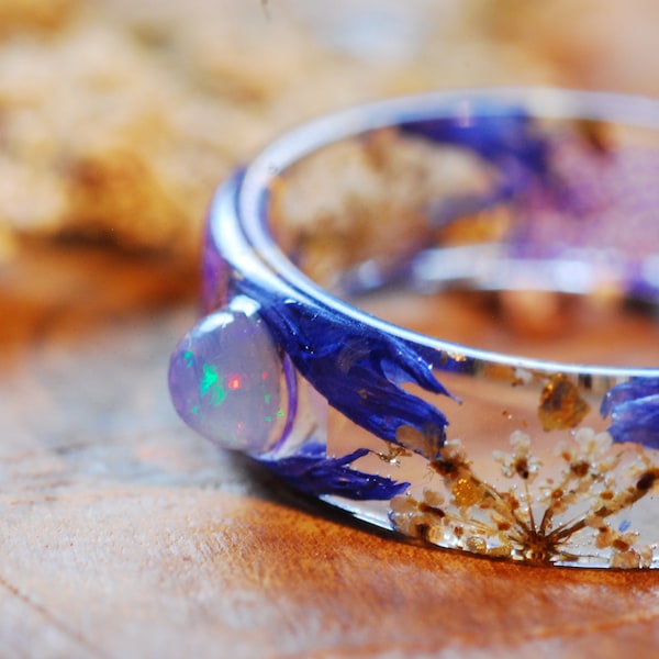 White Opal Ring with Blue Flowers: October Birthstone Jewelry