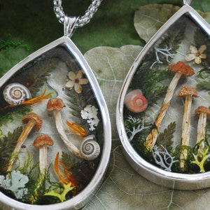 Magic Mushroom Necklace, Pure Silver Pendant, Gift for Mushroom Lover, Nature Resin Necklace, Forest Jewelry image 1