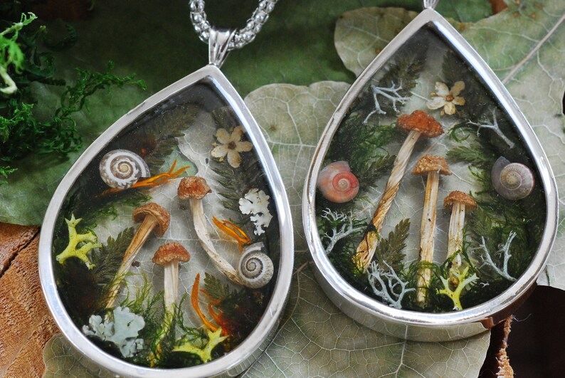 Magic Mushroom Necklace, Pure Silver Pendant, Gift for Mushroom Lover, Nature Resin Necklace, Forest Jewelry image 1