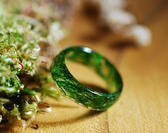 Real Green Moss Resin Ring, Nature Inspired Forest Jewelry, Fairy Tale Style