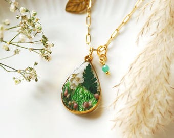 Hawthorn Pressed Flower Necklace: May Birthstone Emerald, Gemini Gift
