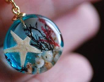 Ocean Resin Necklace, Blue Sea Necklace, Mermaid Pendant, Nautical Jewelry, Underwater Necklace, Starfish Necklace, Seaweed Nature Pendant