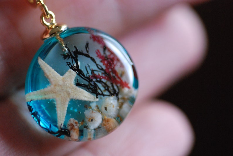 Ocean Starfish Necklace, Blue Sea Necklace, Mermaid Pendant, Resin Necklace, Underwater Necklace, Seaweed Nature Pendant image 1