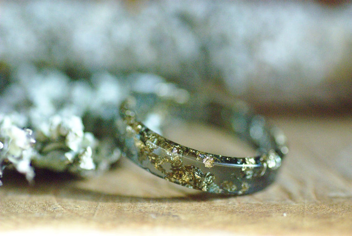 Black Resin Ring Mens Ring Gold Flakes Ring Stacking Ring Etsy