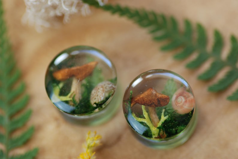 May include: Two clear resin ear gauges with mushroom and fern designs. The gauges are round and have a clear, glassy finish.