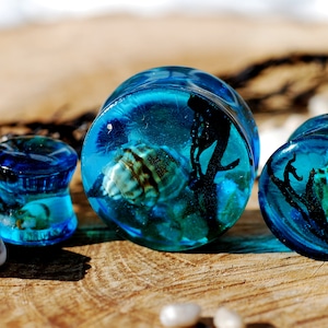 Seashell Ocean Resin Gauges, Blue Surf Gauges, Summer Beach Ear Plugs, Sea Body Jewelry, Water Seaweed Plugs