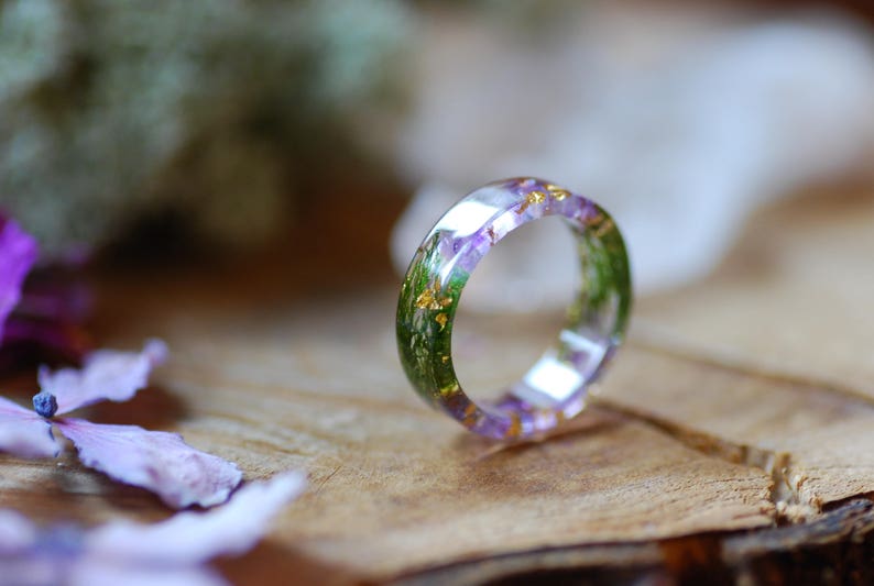 Natural Amethyst Ring with Green Moss, Purple Gemstone Resin Ring, Aquarius Zodiac Ring, Magic Amethyst February Gift Birthstone Ring image 5