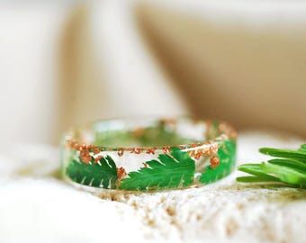 Real Fern Resin Ring with Copper Flakes, Green Forest Jewelry, Botanical Nature Rings for Men