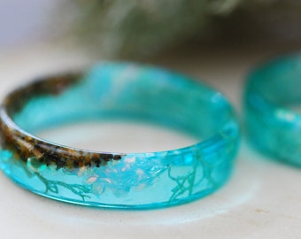 Ocean Resin Ring with Opal, Beach Ring with Sand, Blue Mermaid Ring, Marine Rings for Women, Ocean Gifts for Couple