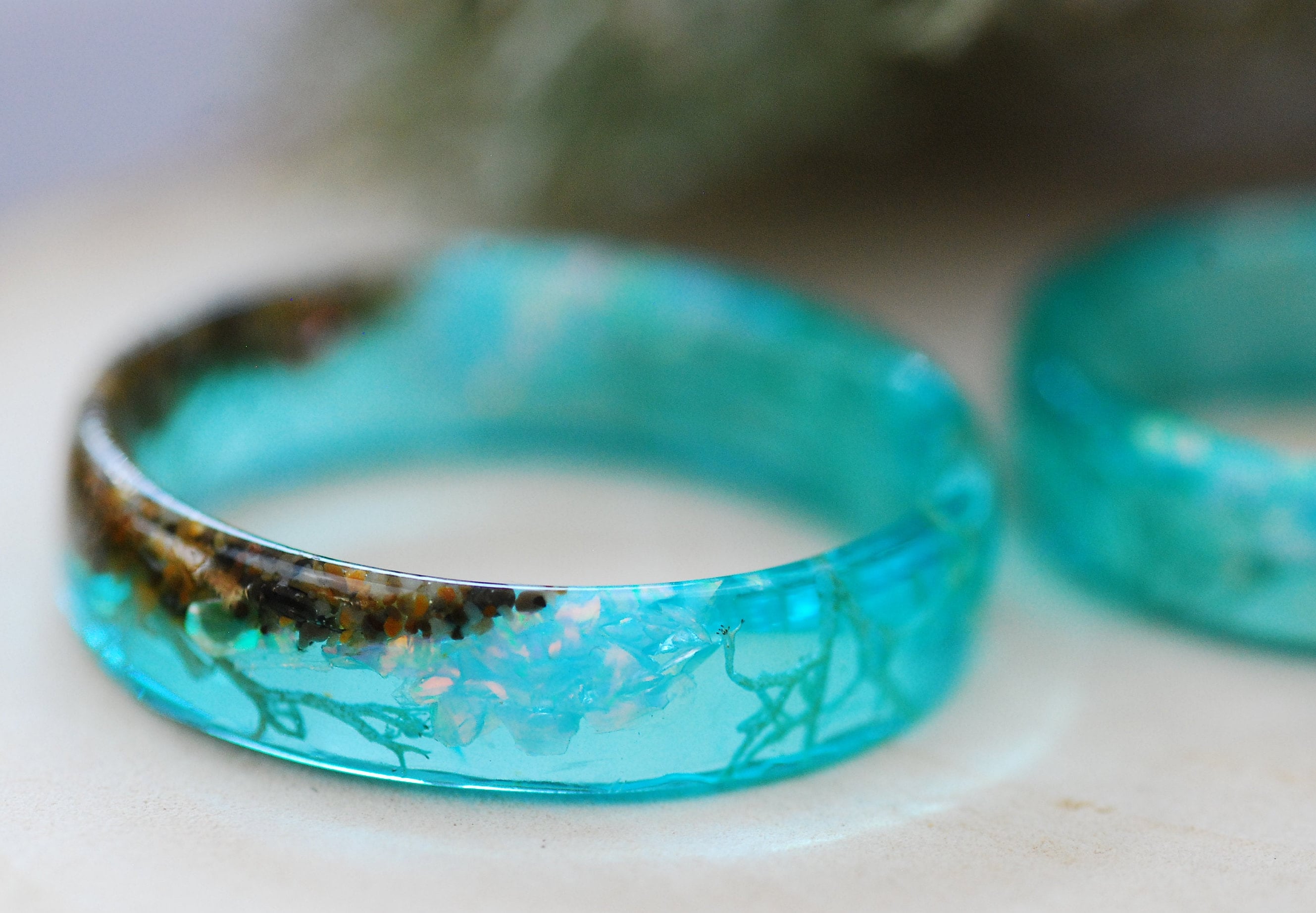 Ocean Resin Ring with Opal, Beach Ring with Sand, Blue Mermaid Ring, Marine Rings for Women, Ocean Gifts for Couple