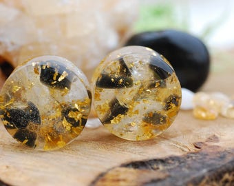 Gold Citrine Ear Gauges, Black Tourmaline Ear Plugs, Natural Gemstone Ear Plugs, November Birthstone Gauges, Cool Stretchers Gift
