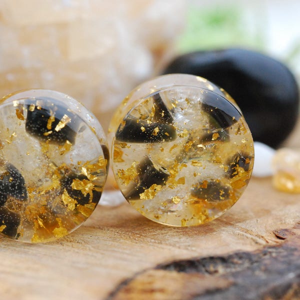 Gold Citrine Ear Gauges, Black Tourmaline Ear Plugs, Natural Gemstone Ear Plugs, November Birthstone Gauges, Cool Stretchers Gift