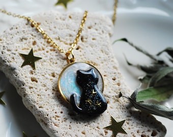 Black Cat on the Moon Resin Pendant Necklace with Gold Stars, Celestial Gift for Her