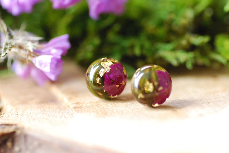 Sugilite Purple Stud Earrings, Gold Sugilite Resin Earrings, Nature Cabochon Stud Earrings, Purple Gift For Women image 4