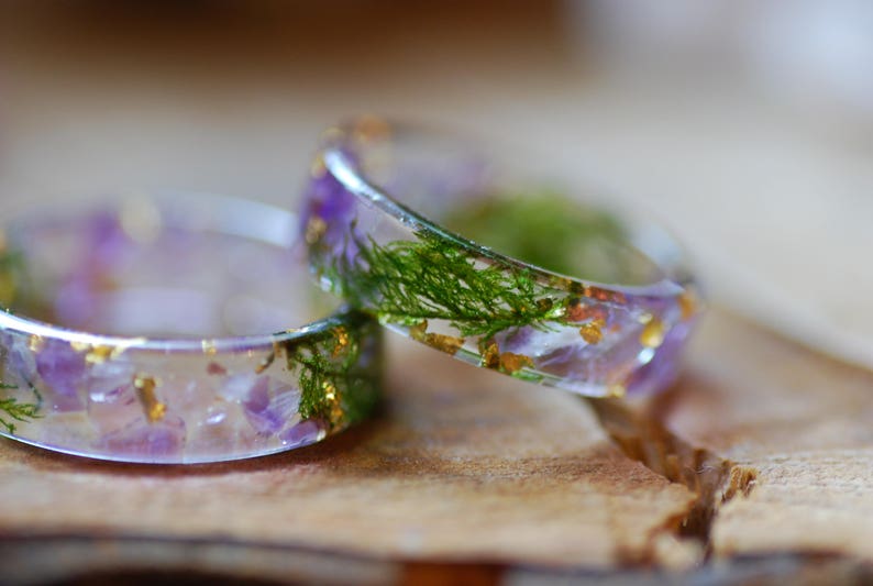 Natural Amethyst Ring with Green Moss, Purple Gemstone Resin Ring, Aquarius Zodiac Ring, Magic Amethyst February Gift Birthstone Ring image 3