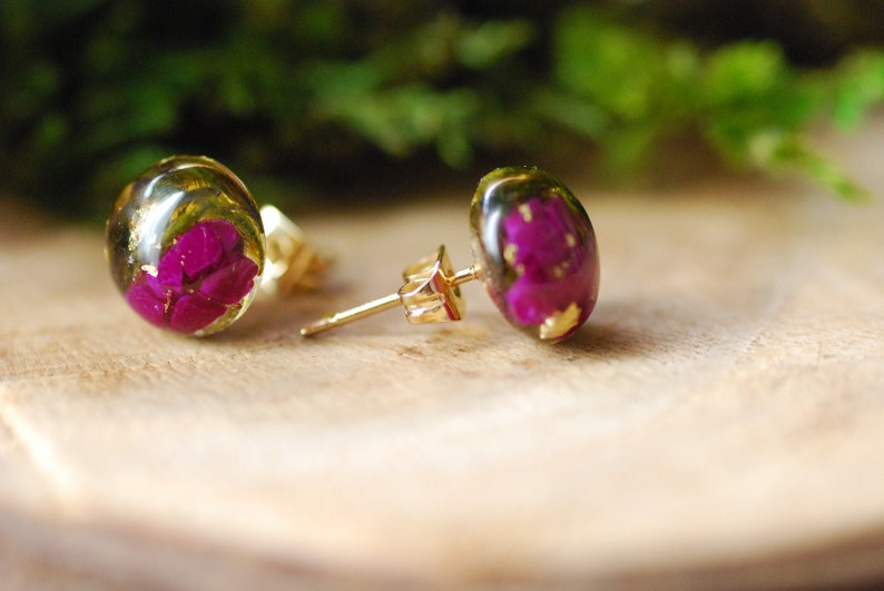 Sugilite Purple Stud Earrings, Gold Sugilite Resin Earrings, Nature Cabochon Stud Earrings, Purple Gift For Women image 3