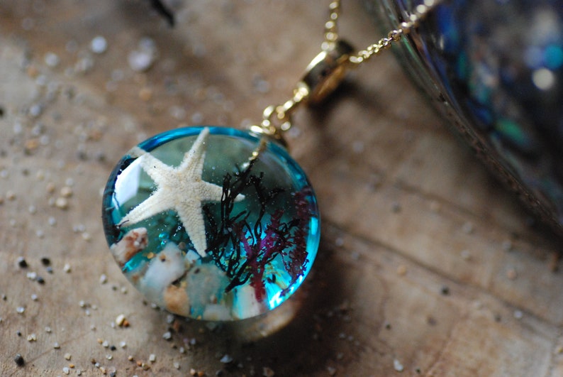 Ocean Starfish Necklace, Blue Sea Necklace, Mermaid Pendant, Resin Necklace, Underwater Necklace, Seaweed Nature Pendant image 3