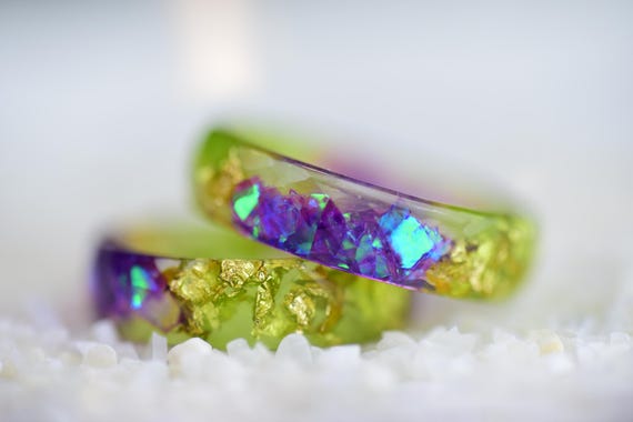 Iridescent Purple Resin Ring: Handmade Aurora Borealis Shimmer Ring