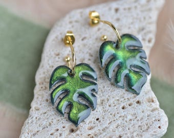 Monstera Leaf Earrings – Deep Green Shimmering Resin and 14k Gold Hoops, Plant Jewelry
