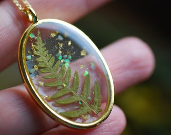 Real Fern Necklace with Opal, Plant Jewelry, Nature Lover Gift, Leaf Resin Necklace, Botanical Gift for Her