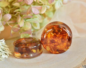 Baltic Amber Resin Ear Gauges, Orange Stone Ear Plugs, Amber Body Jewelry