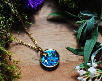 Stardust Galaxy Resin Necklace, Iridescent Blue Celestial Charm, Dainty Space Jewelry