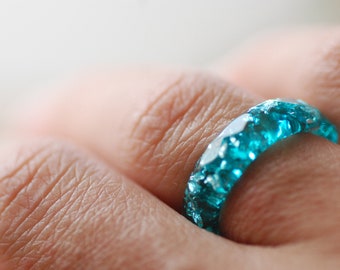 Blue Resin Ring with Silver Flakes, Women Stacking Rings, Handmade Ring, Summer Ocean Ring, Original Gift for Her