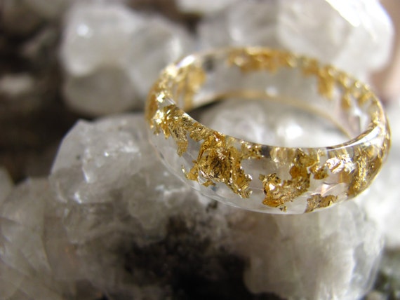 Clear Gold Resin Ring, Gold Flakes Faceted Ring, Stacking Ring, Transparent  Ring, Minimal Gold Ring, Clear Resin Jewelry, Gift for Women 