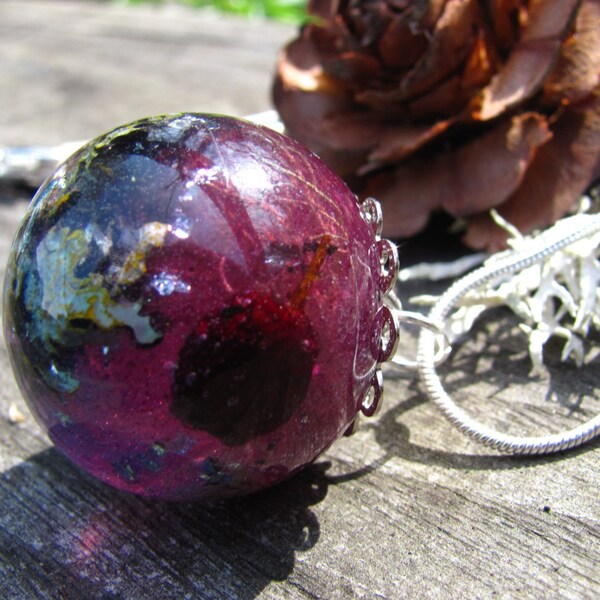 Purple resin necklace, Eco resin pendant, Nature resin sphere, Botanical Orb pendant, Moss necklace