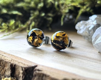 Real Marigold and Black Gladiolus Botanical Stud Earrings | August and October Birth Flower Resin Post Earrings with Gold Flakes