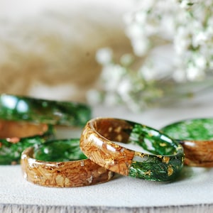 Cork Wood Resin Ring: Handmade Moss Inlay, Forest Wedding Band