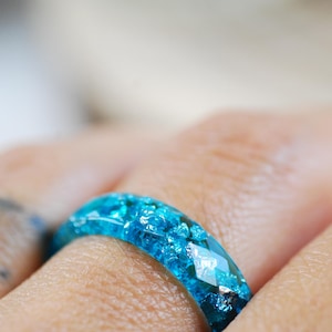 Blue Resin Ring with Silver Flakes, Faceted Stacking Rings, Handmade Ring, Winter Promise Ring, Something Blue, Cute Gift for Women