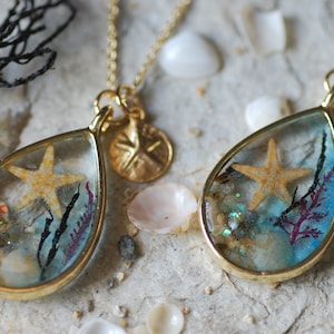 Gold Starfish Necklace, Teardrop Sea Pendant, Beach Resin Jewelry, Tiny Seashell Necklace, Marine Lover Gift