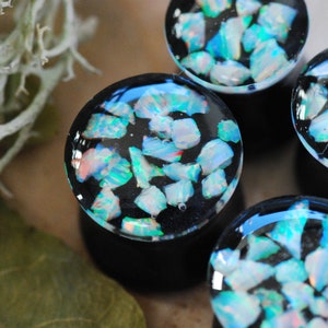 White Opal Ear Plugs, Northern light Resin Ear Gauges, Lab Opal Plugs, Custom sizes, Black and white gauges, Glowing plugs