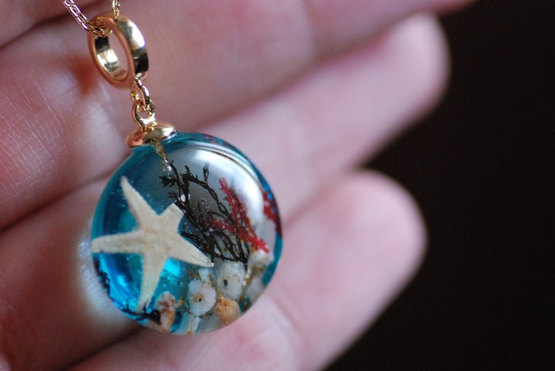 Ocean Starfish Necklace, Blue Sea Necklace, Mermaid Pendant, Resin Necklace, Underwater Necklace, Seaweed Nature Pendant image 6