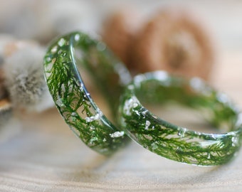 Anillo de resina de musgo de plata, anillo inspirado en la naturaleza, anillo de musgo verde real, joyería del bosque mágico, regalo de amante del bosque para él, para ella