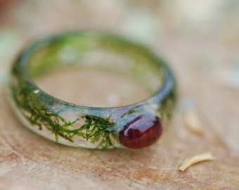Red Garnet Ring, Moss Nature Ring, Resin Gemstone Ring, January Birthstone Ring, Wedding Fairy Ring, Women Rings