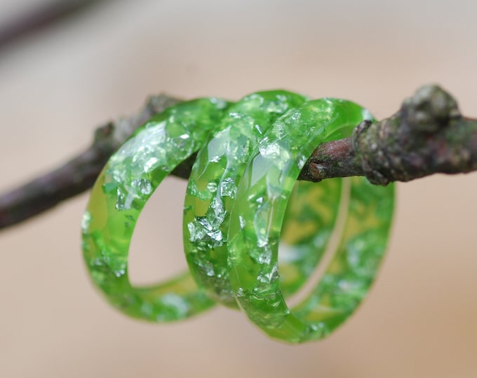 Lime Green Resin Ring, Faceted Stacking Band with Silver Flakes, Summer Jewelry