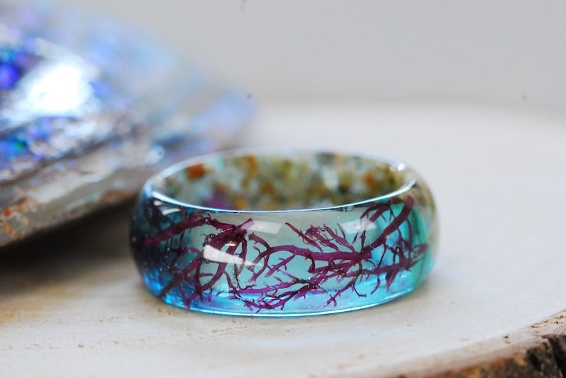 Ocean Resin ring, Mermaid Blue Ring, Nautical Ring, Blue Summer Resin Ring, Sea Ring, Real Seaweed Ring, Mermaid Jewelry, Sea Gift image 3