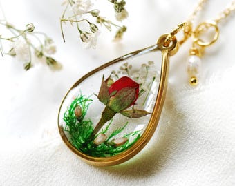 Red Rose June Birth Flower Necklace: Pearl Birthstone, Resin Pendant