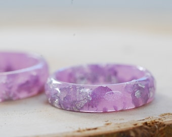 Anillo de resina púrpura pastel con escamas de plata, lindos anillos de plata, anillos Kawaii para niña, anillos geniales, anillos pastel para mujer