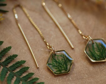 Gold Ear Threader Earrings with Moss, 14k Gold plated Hexagon Earrings, Sterling Silver Chain Dangle Earrings, Forest Jewelry Gift for Her
