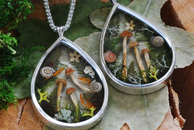 Collier champignon magique, pendentif en argent pur, cadeau pour amateur de champignons, collier en résine naturelle, bijoux forestiers image 5