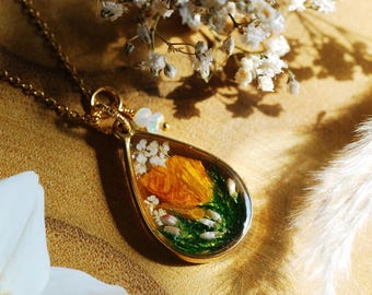 October Birth Flower Necklace, Orange Marigold Pendant, Opal Birthstone Jewelry