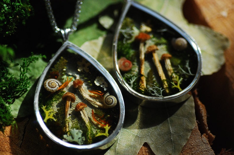 Collier champignon magique, pendentif en argent pur, cadeau pour amateur de champignons, collier en résine naturelle, bijoux forestiers image 8