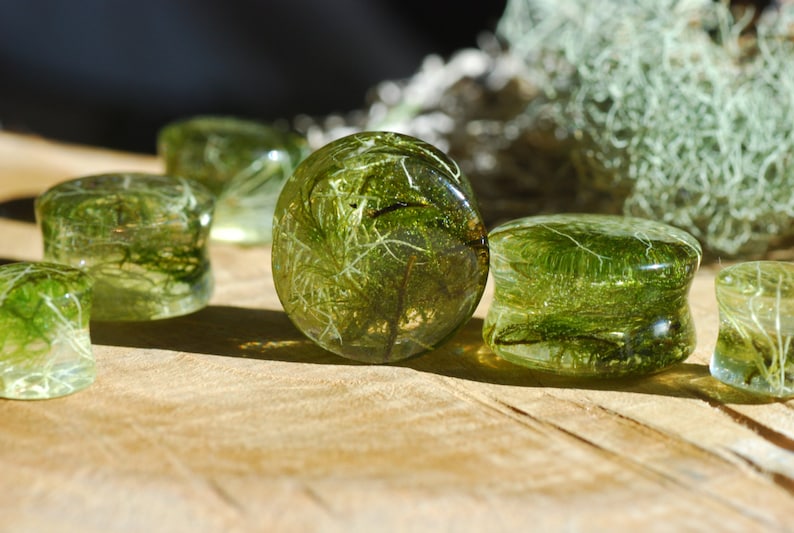 Peut inclure: Un ensemble de six jauges d'oreille en r&eacute;sine verte et transparente avec de la mousse s&eacute;ch&eacute;e int&eacute;gr&eacute;e. Les jauges sont rondes et ont une finition lisse et polie.