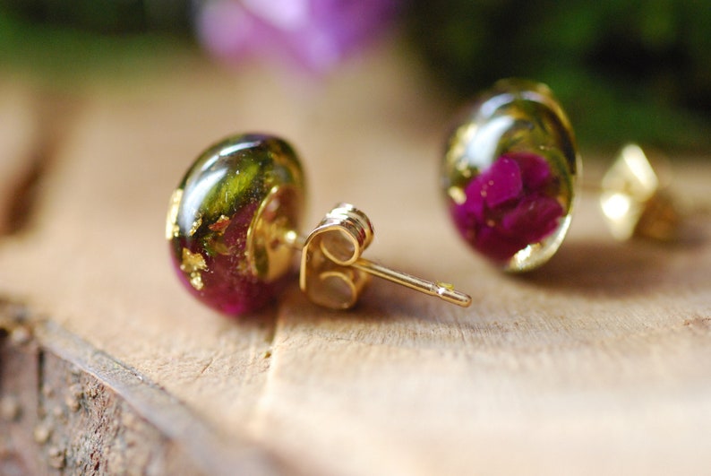 Sugilite Purple Stud Earrings, Gold Sugilite Resin Earrings, Nature Cabochon Stud Earrings, Purple Gift For Women image 7