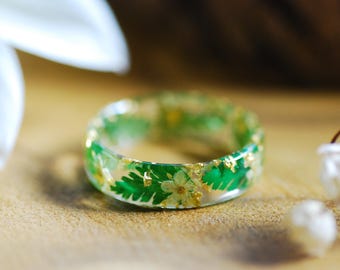Fairytale Fern Resin Ring with Yellow Flowers, Handmade Forest Jewelry, Cottagecore Style Gifts